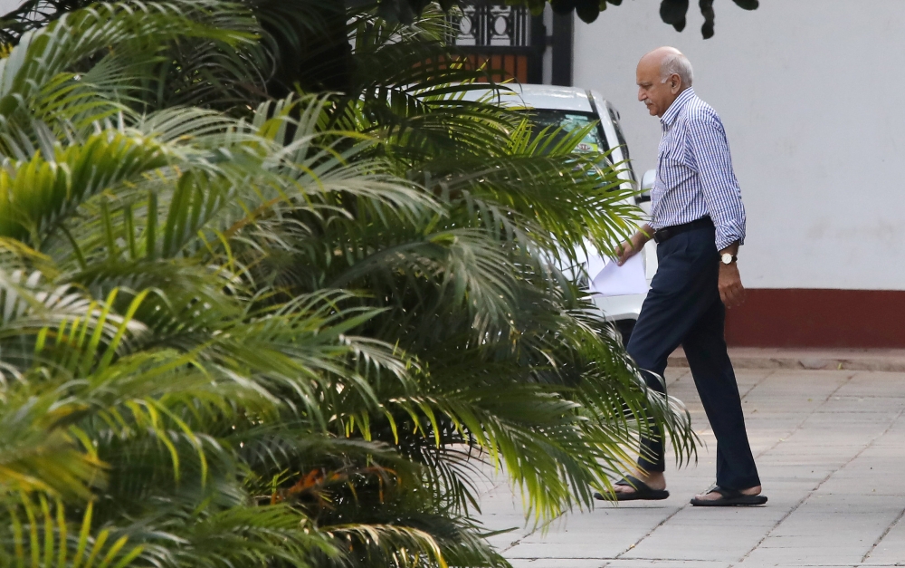 Former Minister of State for External Affairs M.J. Akbar walks inside his residence in New Delhi in this Oct. 14, 2018 file photo. — Reuters