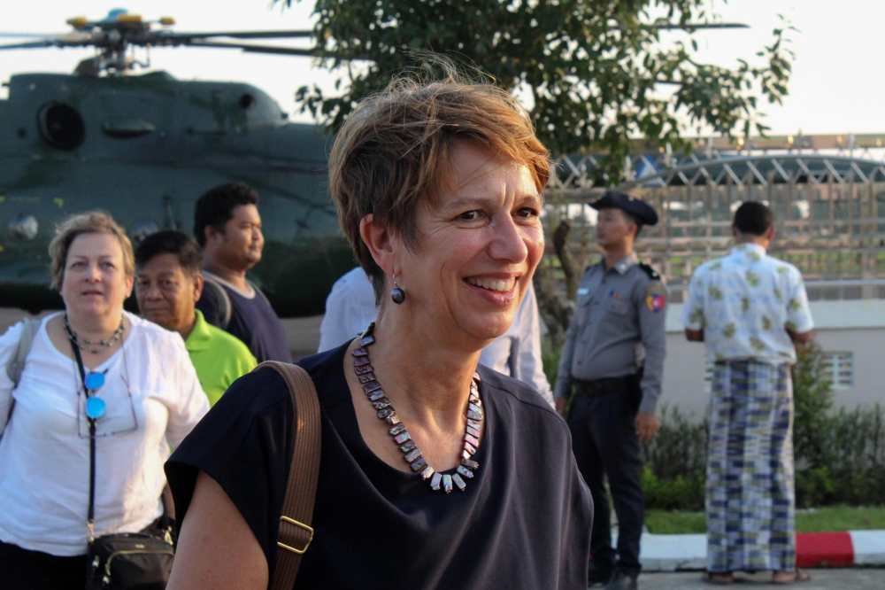 UN Special Envoy for Myanmar Christine Schraner Burgener arrives at Sittwe airport after visiting Maung Daw Township at the Bangladesh-Myanmar border area in Rakhine State in this Oct. 15, 2018 file photo. — AFP