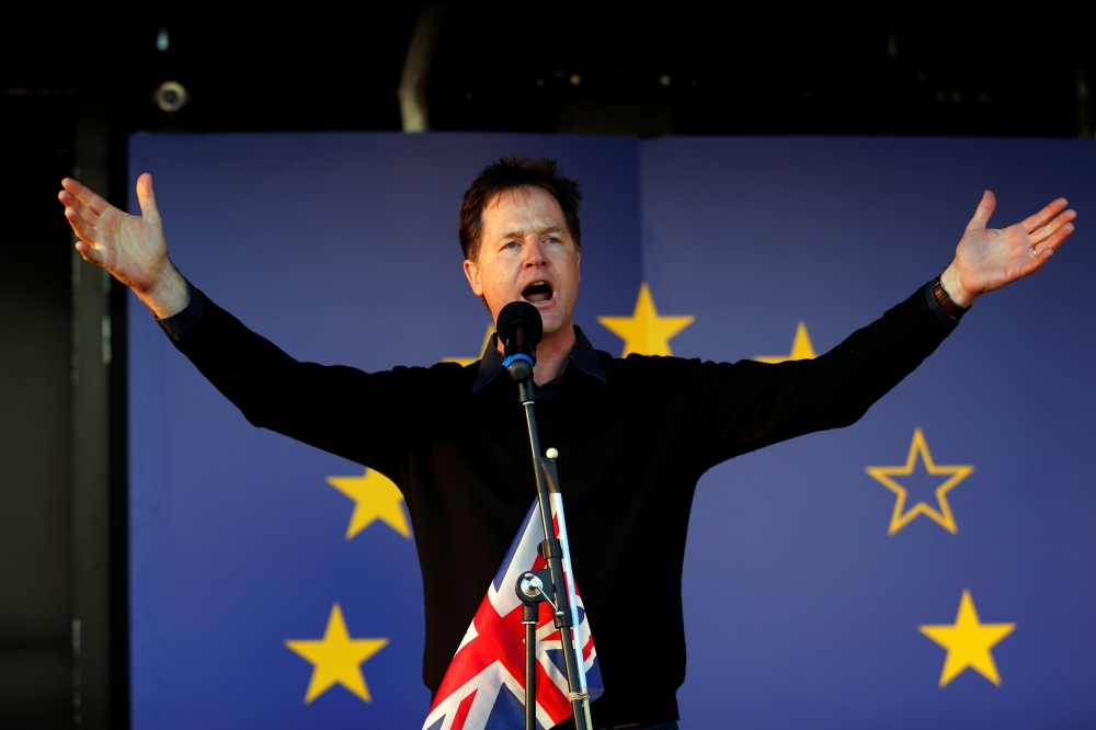Former Liberal Democrat leader Nick Clegg speaks at a Unite for Europe rally in central London in this March 25, 2017 file photo. — Reuters