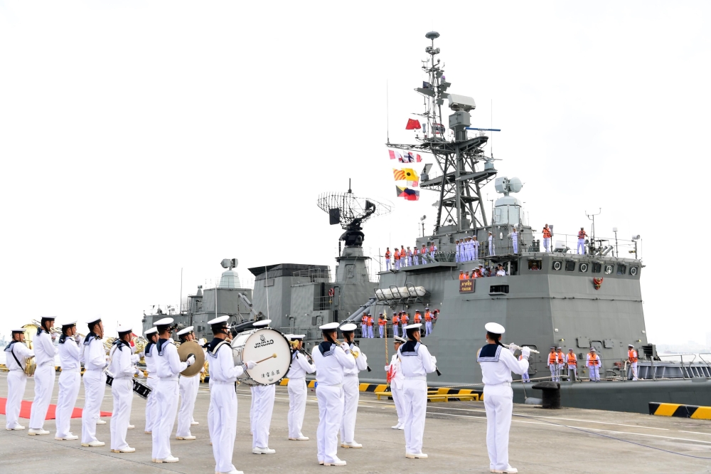 A Thailand navy ship arrives at a military port in Zhanjiang, in China’s southern Guangdong province, on Sunday. — AFP
