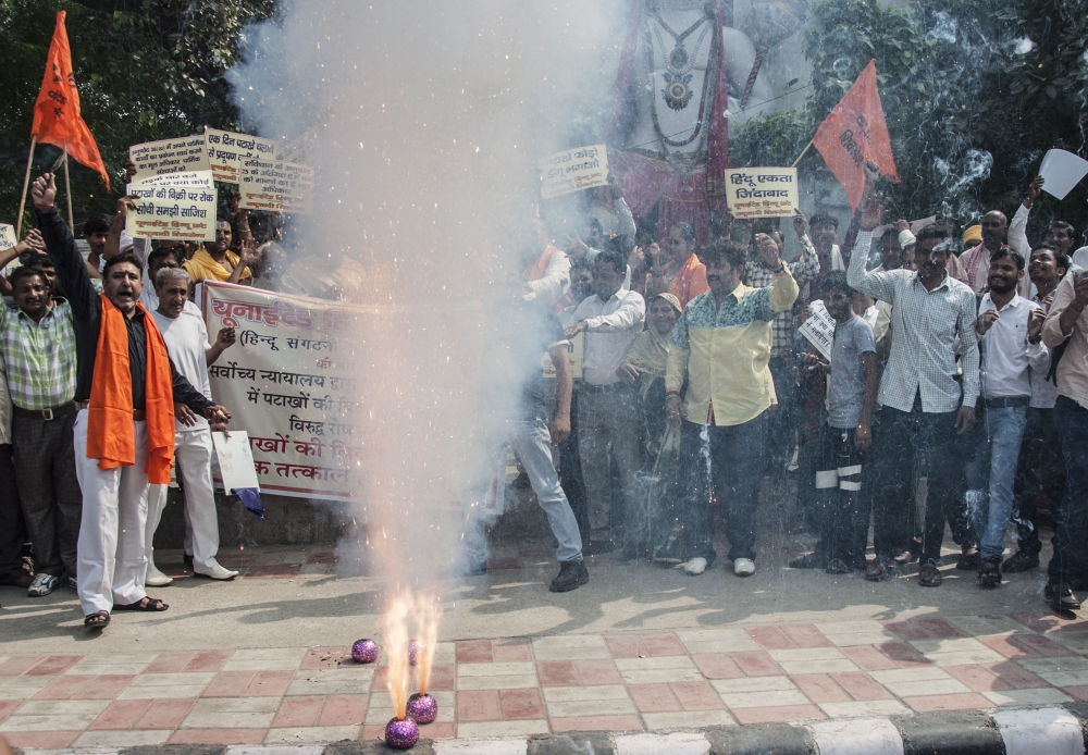 Indian Hindu activists protest against a court-ordered ban on the sale of fireworks ahead of the Diwali festival in New Delhi in this Oct. 13, 2017 file photo. — AFP