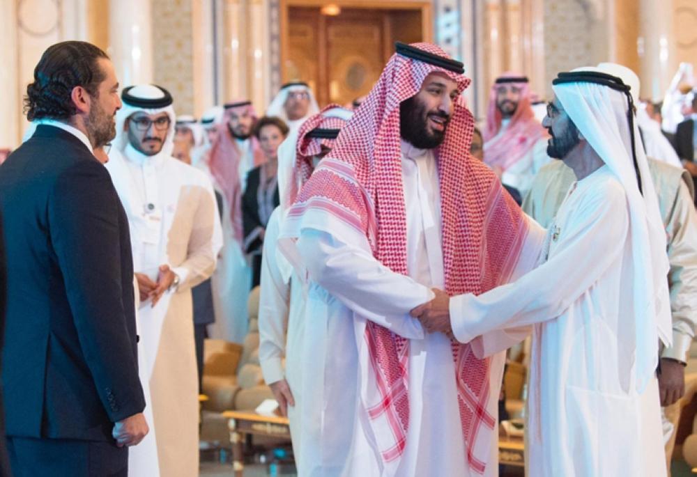 


Crown Prince Muhammad Bin Salman, deputy premier and minister of defense, with Lebanese Prime Minister Saad Hariri (center) and Crown Prince of Bahrain Prince Salman Bin Hamad Al-Khalifa at Future Investment Initiative in Riyadh on Wednesday.