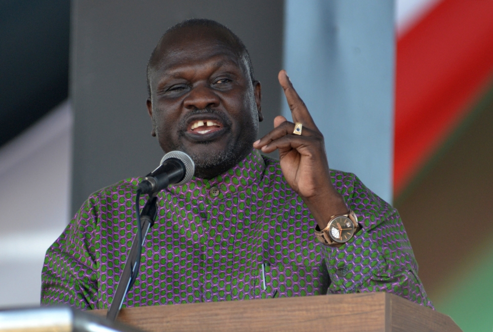 South Sudan rebel leader Riek Machar addresses the nation at the John Garang’s Mausoleum in Juba, South Sudan, on Wednesday. — Reuters