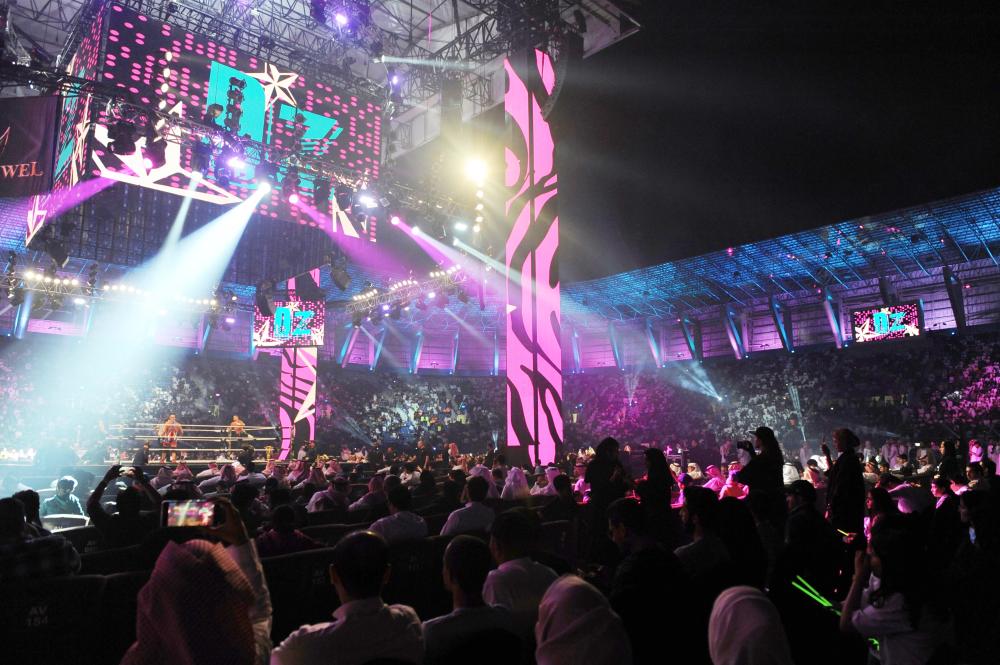 Wrestling legend Hulk Hogan greets the crowd during the WWE Crown Jewel show at the King Saud University Stadium in Riyadh Friday. — AFP