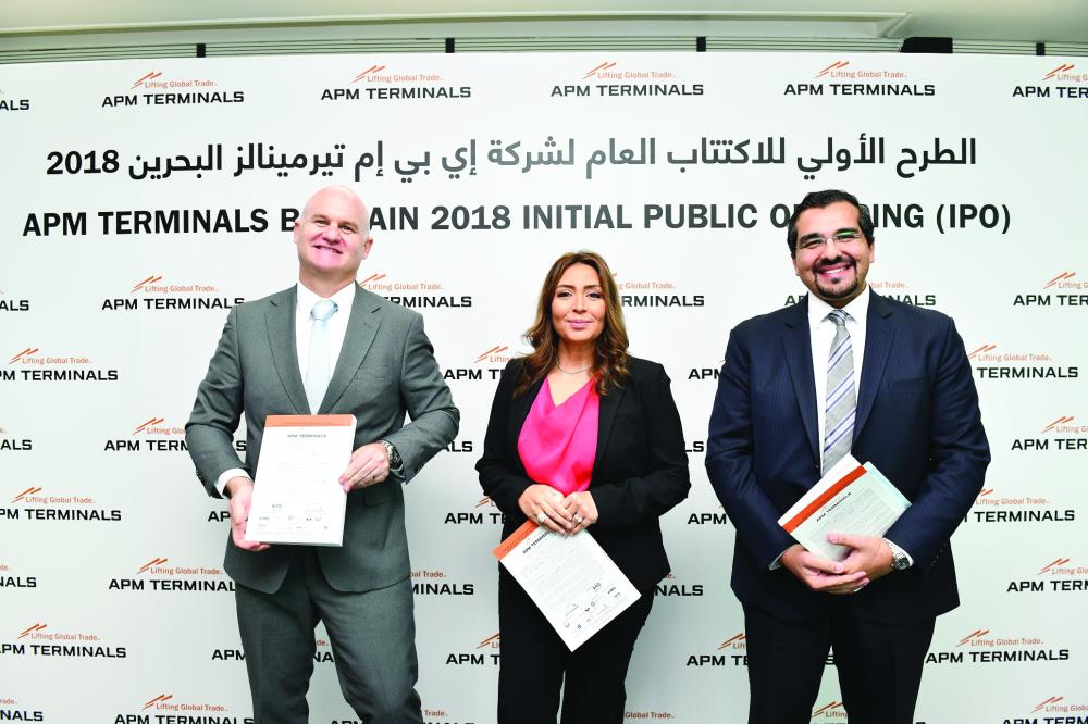 



From left: Mark Hardiman,CEO&MD-APM Terminals Bahrain; Najla Al Shirawi,CEO & Wissam Haddad, Head of Investment Banking & Real Estate-SICO Bank launch the IPO prospectus