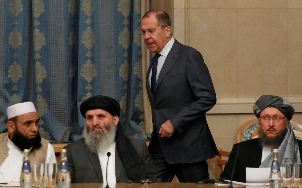 Russian Foreign Minister Sergei Lavrov and members of Taliban delegation take part in the multilateral peace talks on Afghanistan in Moscow in this Nov. 9, 2018 file photo. — Reuters