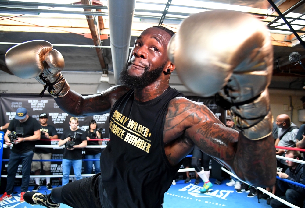 In this file photo, WBC Heavyweight Champion Deontay Wilder works out for the media at Churchill Boxing Club in Santa Monica, California. World champion Deontay Wilder said Thursday the winner of his showdown with Tyson Fury can lay claim to being the best heavyweight in boxing. Wilder faces off against Britain's Fury at the Staples Center in Los Angeles on Dec. 1 in a battle of undefeated fighters. The winner of the fight could advance to a showdown with Anthony Joshua, the IBF, WBA and WBO heavyweight champion who is also unbeaten. — AFP