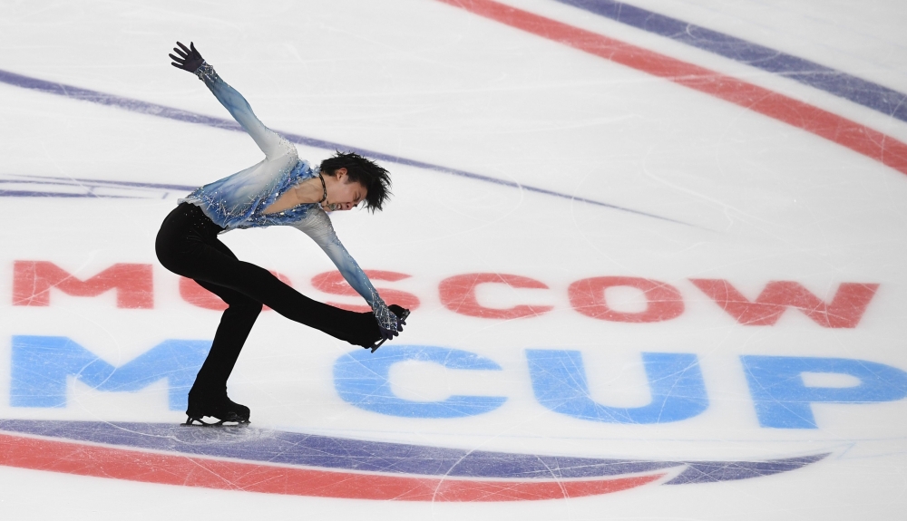 Yuzuru Hanyu of Japan performs his routine in the men's short program at the Rostelecom Cup 2018 ISU Grand Prix of Figure Skating in Moscow on Friday. — AFP