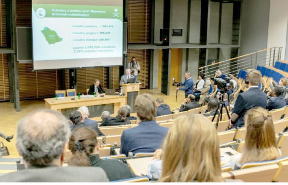 Adviser at the Royal Court and Supervisor General of the King Salman Center for Relief and Humanitarian Aid (KSrelief) Dr. Abdullah Al-Rabiah addressing a symposium at Warsaw University, Poland, on Friday. — SPA