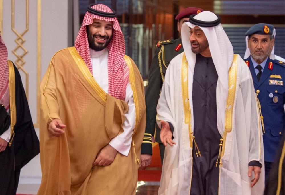 Sheikh Muhammad Bin Zayed Al-Nahyan, crown prince of Abu Dhabi and deputy supreme commander of the UAE Armed Forces, receives Crown Prince Muhammad Bin Salman, deputy premier and minister of defense, in Abu Dhabi on Thursday. -SPA