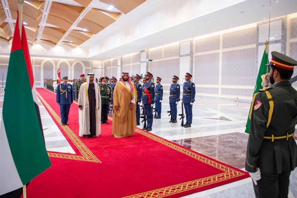 Sheikh Muhammad Bin Zayed Al-Nahyan, crown prince of Abu Dhabi and deputy supreme commander of the UAE Armed Forces, receives Crown Prince Muhammad Bin Salman, deputy premier and minister of defense, in Abu Dhabi on Thursday. -SPA