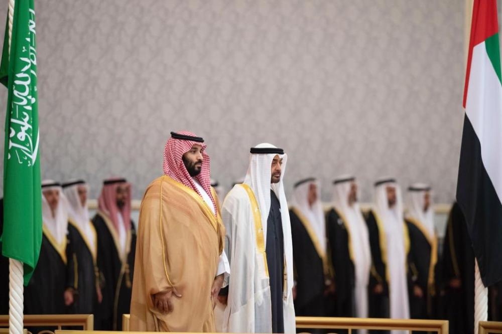 Sheikh Muhammad Bin Zayed Al-Nahyan, crown prince of Abu Dhabi and deputy supreme commander of the UAE Armed Forces, receives Crown Prince Muhammad Bin Salman, deputy premier and minister of defense, in Abu Dhabi on Thursday. -SPA