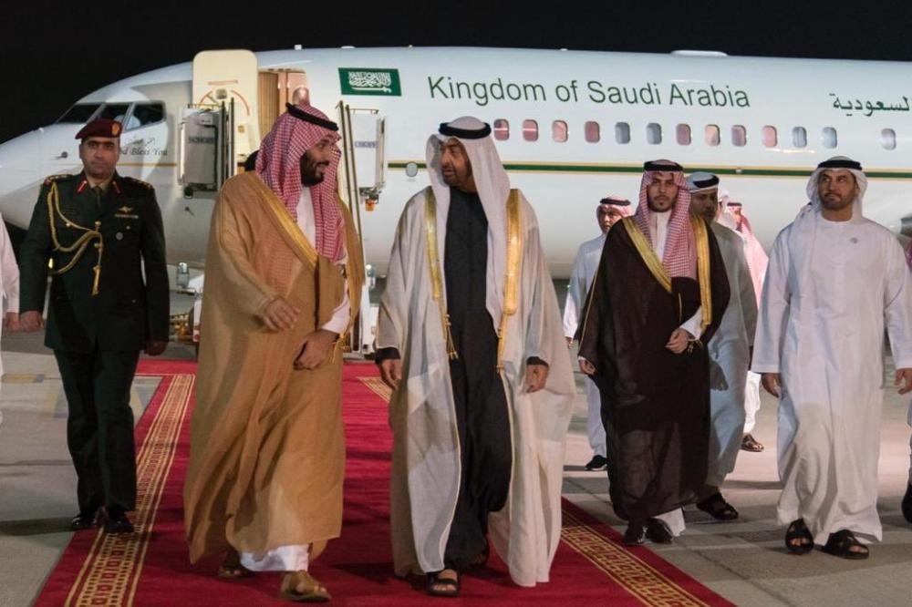 Sheikh Muhammad Bin Zayed Al-Nahyan, crown prince of Abu Dhabi and deputy supreme commander of the UAE Armed Forces, receives Crown Prince Muhammad Bin Salman, deputy premier and minister of defense, in Abu Dhabi on Thursday. -SPA