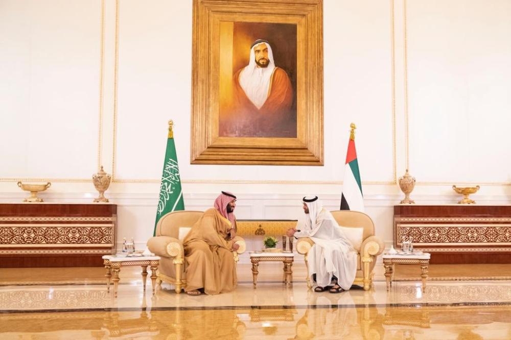 Sheikh Muhammad Bin Zayed Al-Nahyan, crown prince of Abu Dhabi and deputy supreme commander of the UAE Armed Forces, receives Crown Prince Muhammad Bin Salman, deputy premier and minister of defense, in Abu Dhabi on Thursday. -SPA