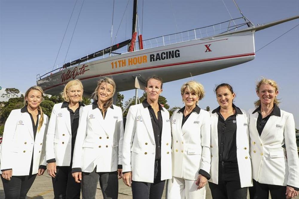Crew members and the team ambassador gather in front of Wild Oats X in Sydney earlier Friday morning. From left to right: Jade Cole, Vanessa Dudley, Faraday Brooke Martin, Stacey Jackson, Honorable Julie Bishop, Katie Spithill, and Sue Cafer.