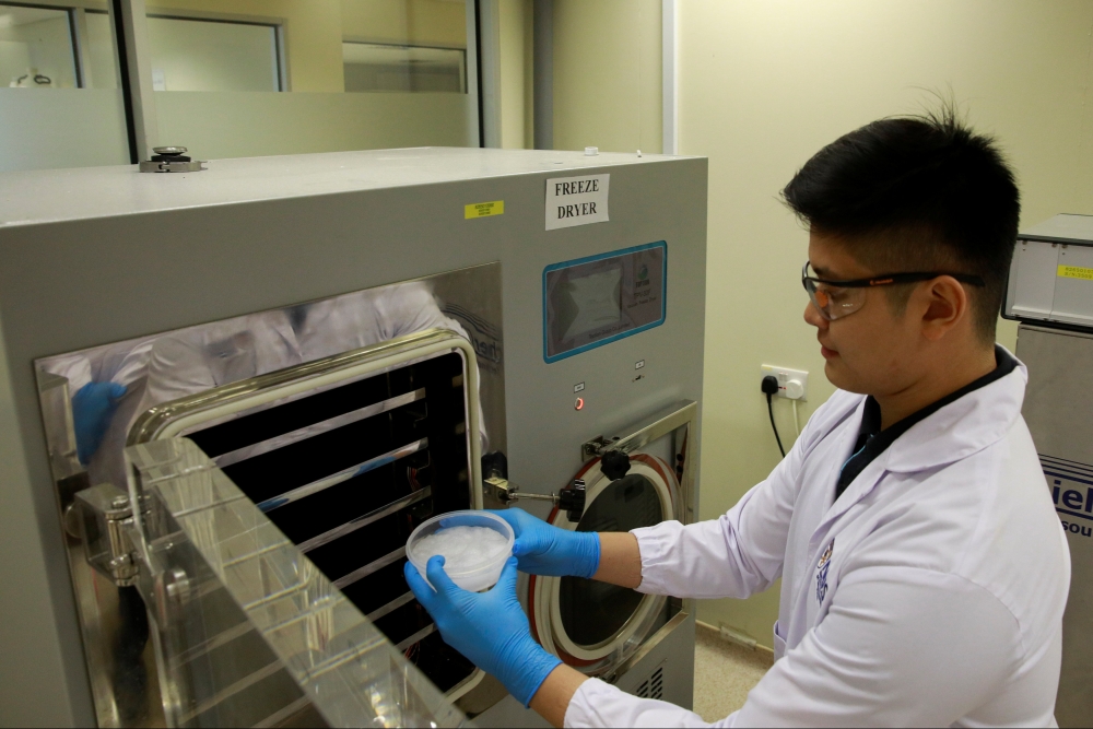 An NUS researcher cures an Aerogel sample at NUS's Department of Mechanical Engineering in Singapore. — Reuters