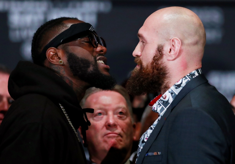 Deontay Wilder and Tyson Fury square up during the press conference at the Westin Bonaventure Hotel & Suites, Los Angeles, United States, on Wednesday. — Reuters 