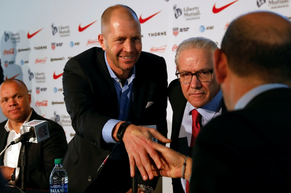 Gregg Berhalter, the new head coach of the US men's National Soccer Team shakes hands after a news conference in New York City, New York, US, on Tuesday. — Reuters