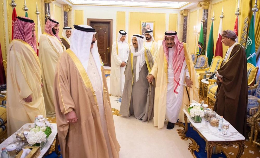 Custodian of the Two Holy Mosques King Salman listens to Crown Prince Muhammad Bin Salman, deputy premier and minister of defense, during the opening of the 39th session of the GCC summit in Riyadh on Sunday. — SPA