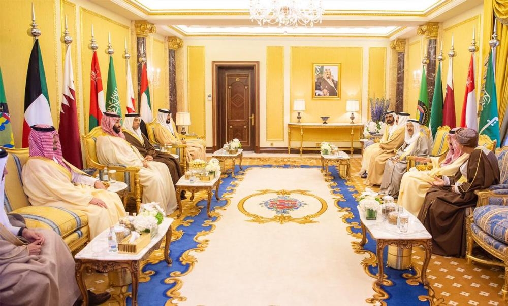 Custodian of the Two Holy Mosques King Salman listens to Crown Prince Muhammad Bin Salman, deputy premier and minister of defense, during the opening of the 39th session of the GCC summit in Riyadh on Sunday. — SPA