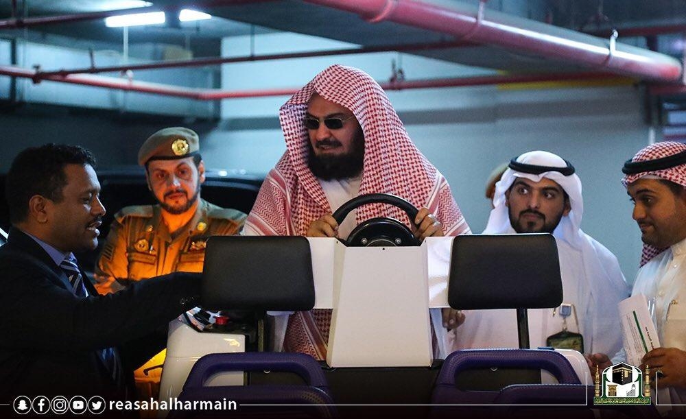 Head of the Presidency for the Affairs of the Two Holy Mosques Sheikh Abdulrahman Al-Sudais inaugurates the electric cars project in Makkah.