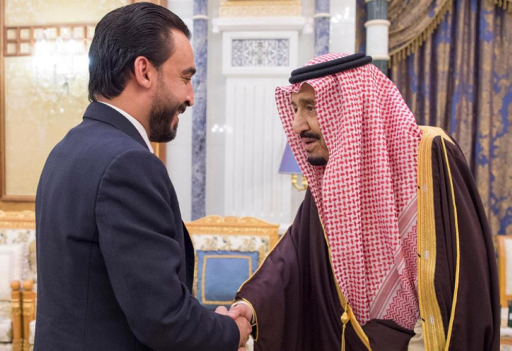 Custodian of the Two Holy Mosques King Salman receives Iraq’s speaker of the Council of Representatives Mohamed Al-Halbousi and a number of Iraqi members of parliament at Al-Yamamah Palace in Riyadh on Monday. In a separate audience, the King received the emirs, the Grand Mufti of the Kingdom, Ulema, and a group of citizens who came to greet him. — SPA