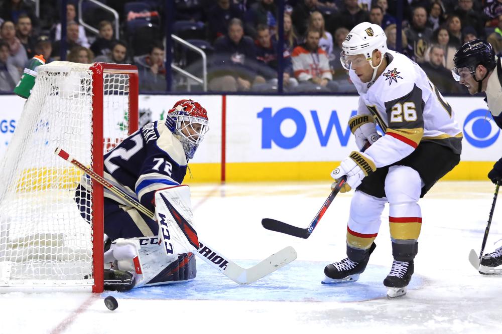 Columbus Blue Jackets’ goaltender Sergei Bobrovsky makes a save against Vegas Golden Knights’ center Paul Stastny during their NHL game at Nationwide Arena in Columbus, Ohio, Monday. — Reuters