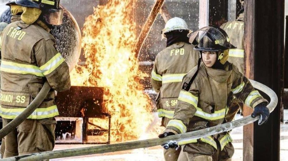 Saudi female firefighters taking part in a firefighting drill. — Courtesy photo