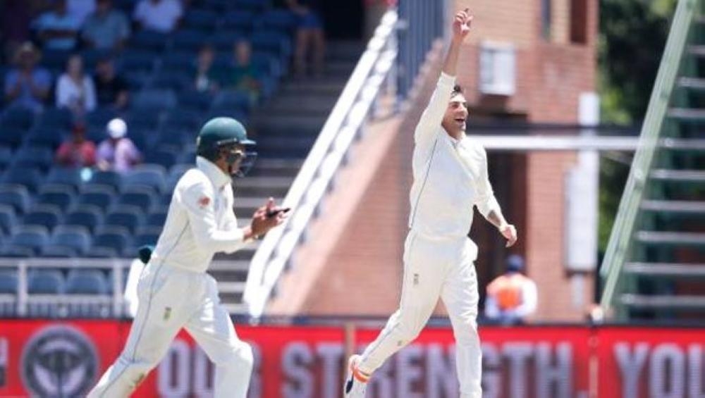 Duanne Olivier of South Africa celebrates taking a Pakistan wicket.
