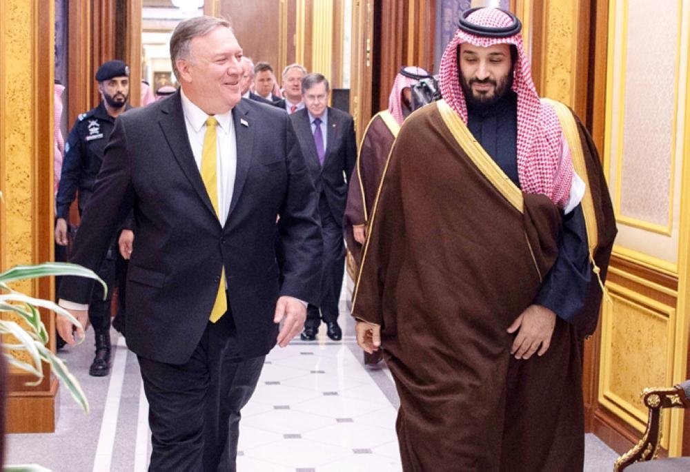 Crown Prince Muhammad Bin Salman, deputy premier and minister of defense, receives US Secretary of State Mike Pompeo at Al-Yamamah Palace. — SPA