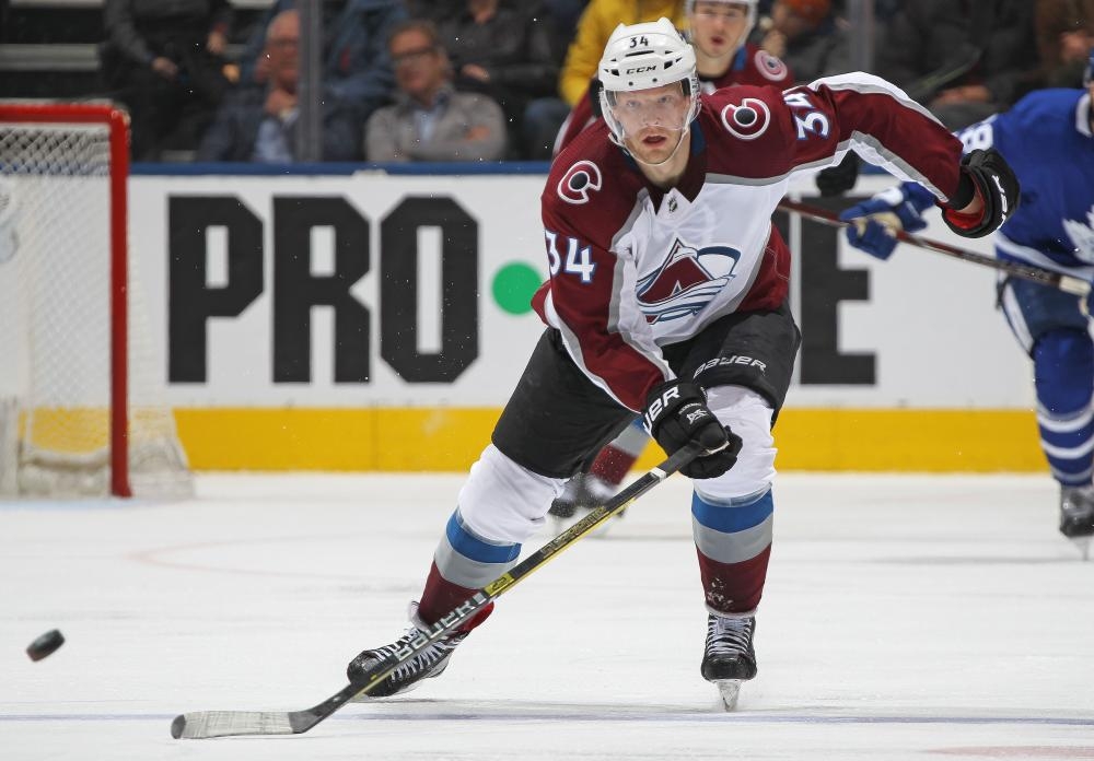 Carl Soderberg of the Colorado Avalanche skates after the puck against the Toronto Maple Leafs during their NHL game at Scotiabank Arena in Toronto Monday. — AFP