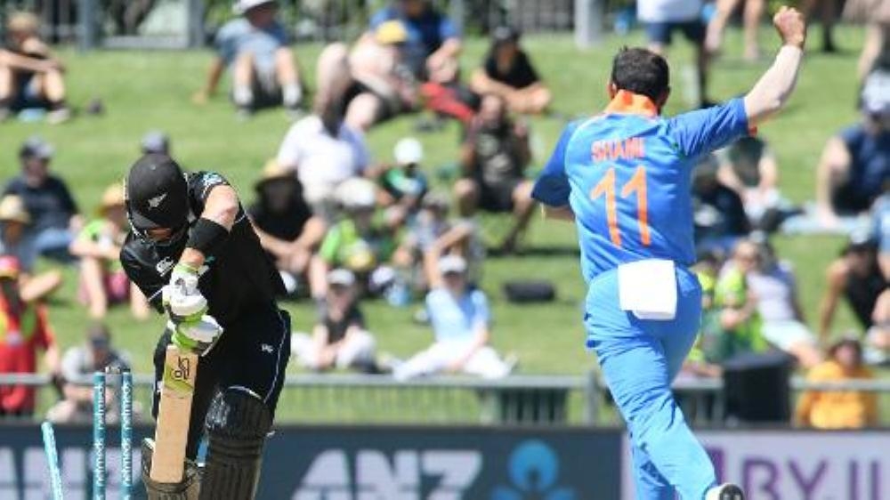 Action in the first One-Day International between the New Zealand and India. The tie was halted for 37 minutes in Napier on Wednesday for 