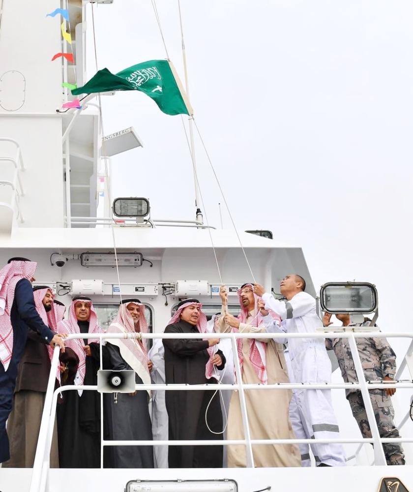 Minister of Energy, Industry and Mineral Resources Khalid Al-Falih launches the Scientific Research Vessel ‘Najil’ at Jubail Commercial Port on Thursday. — SPA