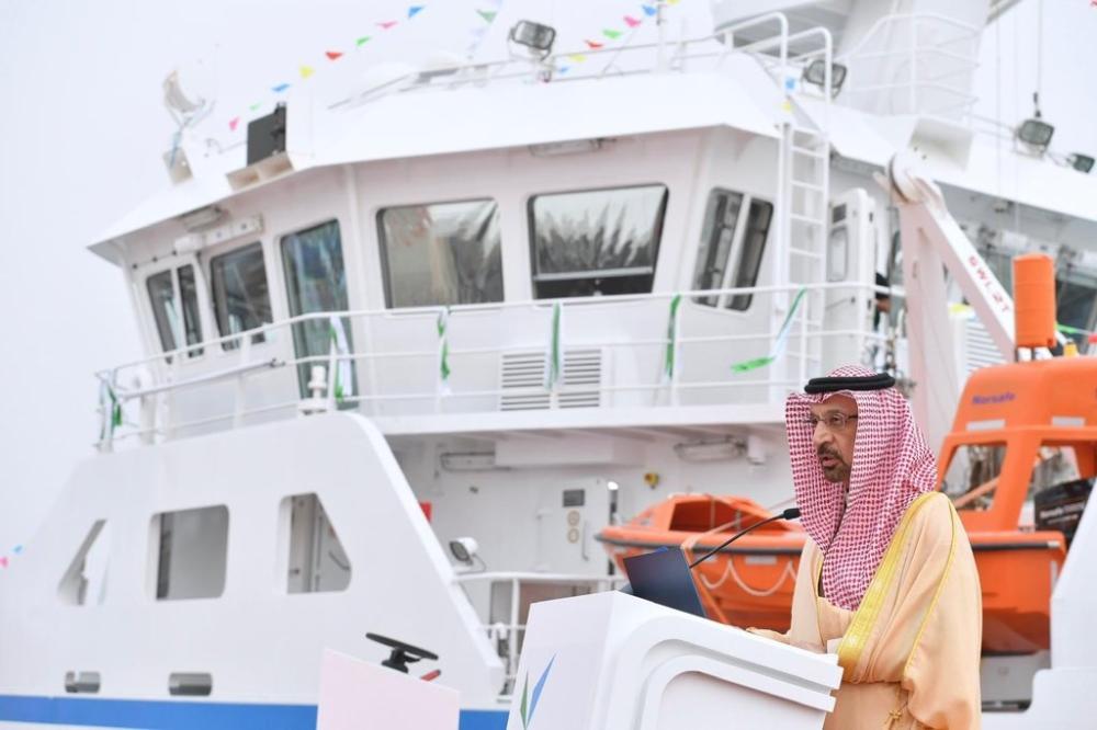 Minister of Energy, Industry and Mineral Resources Khalid Al-Falih launches the Scientific Research Vessel ‘Najil’ at Jubail Commercial Port on Thursday. — SPA