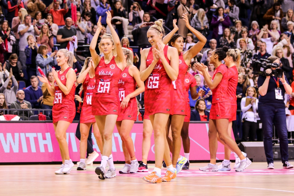 England Roses celebrate after victory over New Zealand in Netball QUAD series in Echo Arena in Liverpool, Britain in this picture obtained from a social media. — Reuters