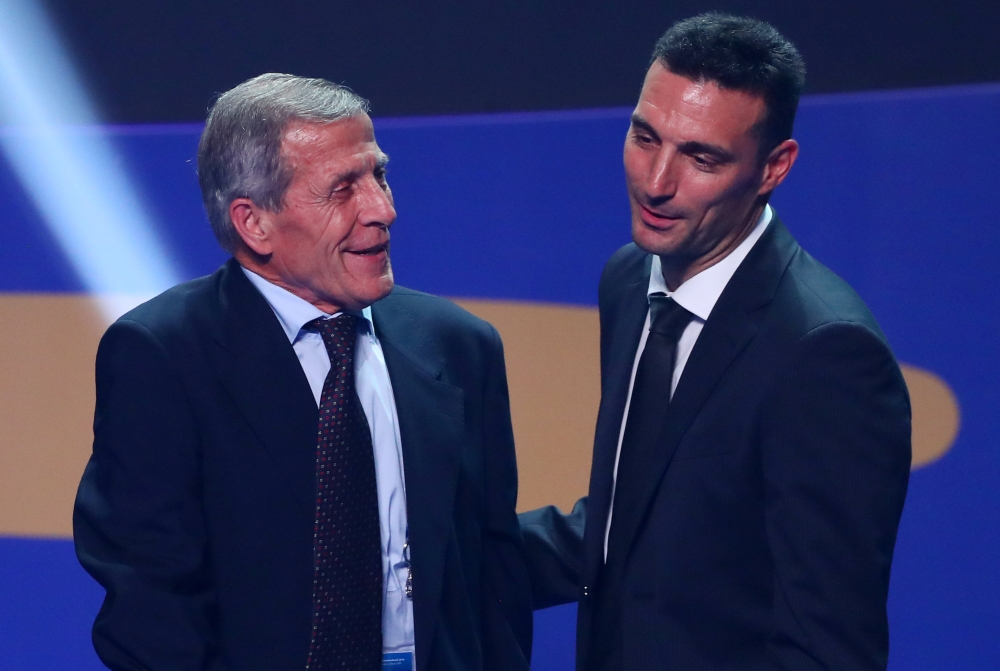 Uruguay coach Oscar Tavarez and Argentina coach Lionel Scaloni during the 2019 Copa America Draw in Rio de Janeiro, Brazil, on Thursday. — Reuters 