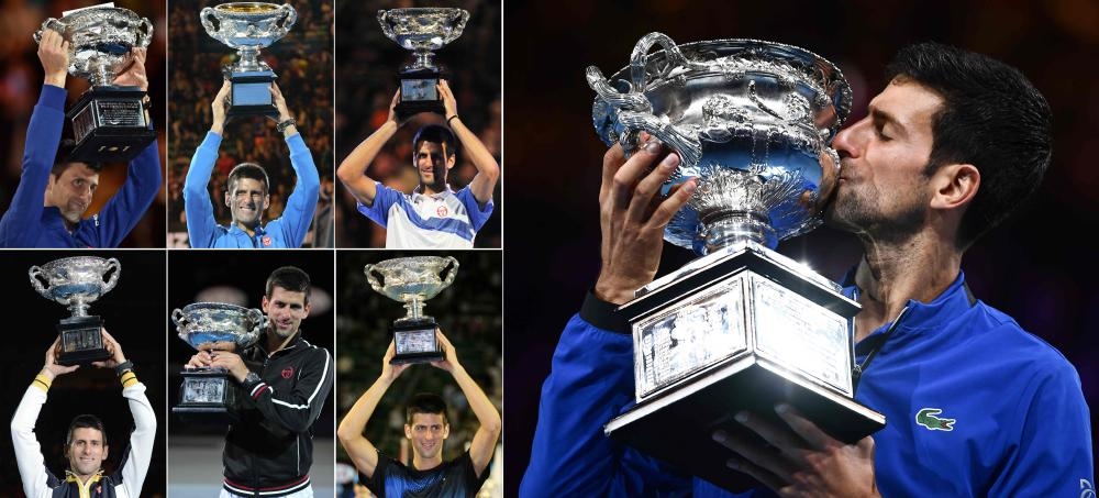 This combination of photos shows Serbia’s Novak Djokovic celebrating with the championship trophy which he won in 2008, 2011, 2012, 2013, 2015, 2016 and 2019 at the Australian Open in Melbourne. — AFP