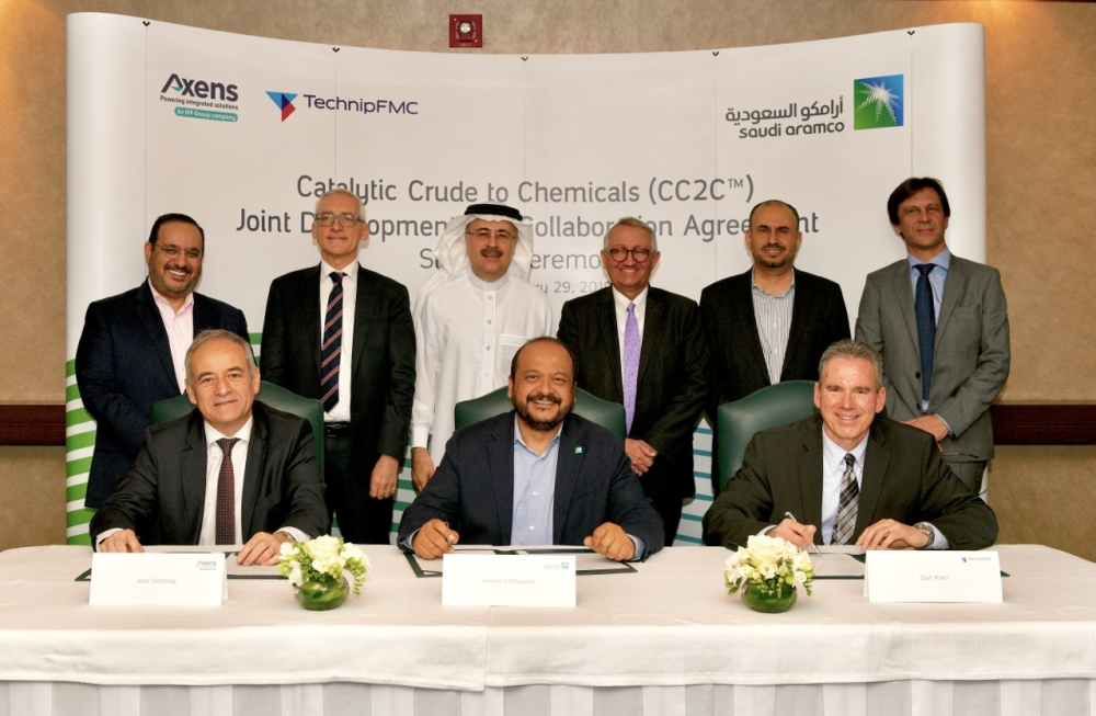 Signing ceremony of the Joint Development and Collaboration Agreement (JDCA) between Saudi Aramco, Axens and TechnipFMC to accelerate the development and commercialization of Catalytic Crude to Chemicals (CC2C) technology, in Dhahran on Tuesday. Standing from left: Abdulaziz M. Al- Judaimi, Saudi Aramco Senior Vice President of Downstream; Didier Houssin, President of IFPEN; Amin H. Nasser, Saudi Aramco President & CEO; Thierry Pilenko, TechnipFMC Chairman and CEO; Ahmad A. Al Sa'adi, Saudi Aramco Senior Vice President of Technical Services; Pierre Beccat, Axens Chief Technology Officer. Sitting from left: Jean Sentenac, Axens Chairman and CEO;  Ahmed Khowaiter, Saudi Aramco Chief Technology Officer; Stan Knez, TechnipFMC President Process Technology. — SG


