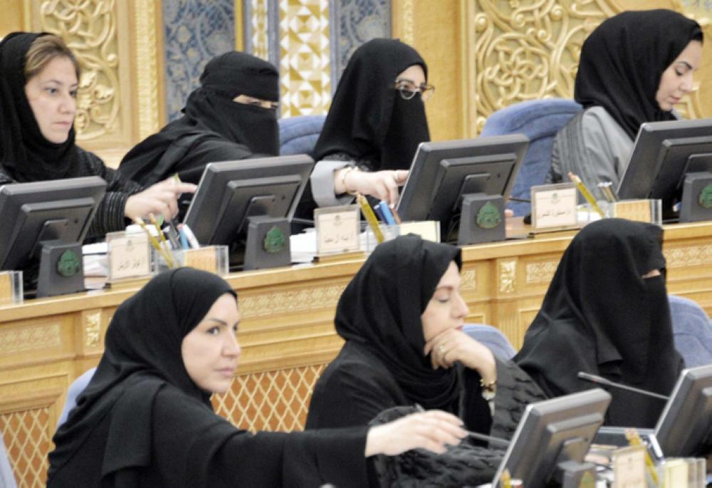 Female Shoura Council members attending its regular session in Riyadh on Monday. — SPA