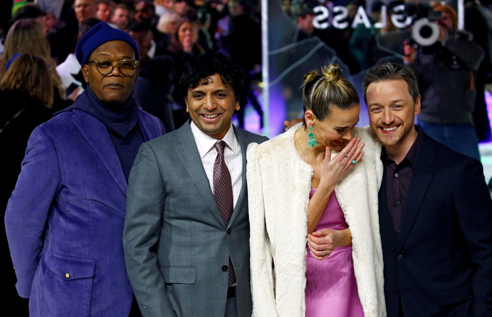 Actors Samuel L. Jackson, Sarah Paulson, James McAvoy and director M. Night Shyamalan attend the European premiere of 