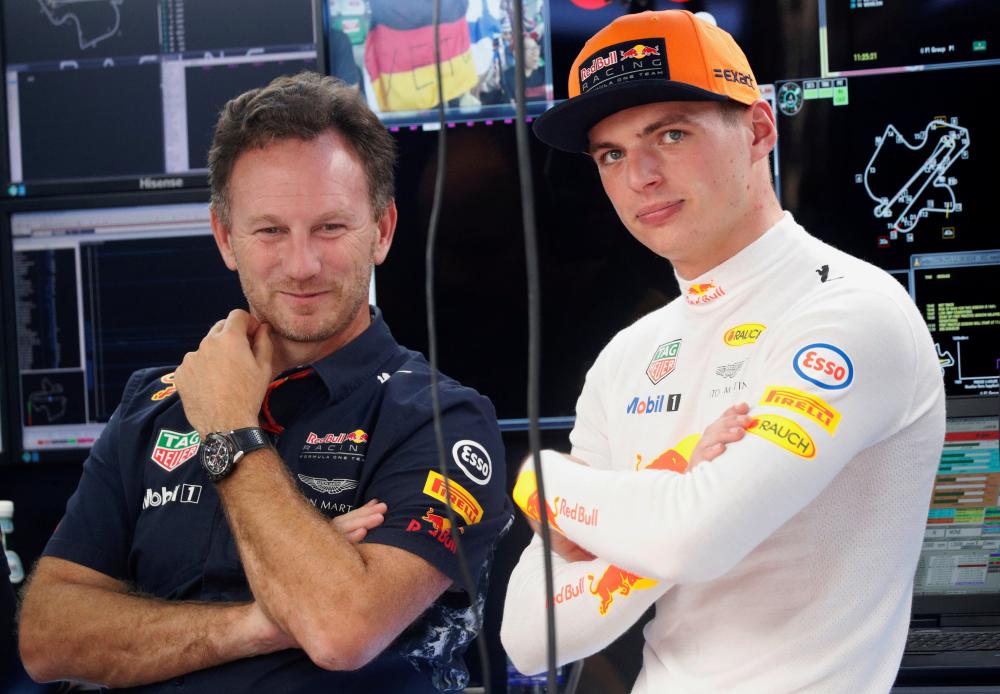 Max Verstappen(R) and Christian Horner