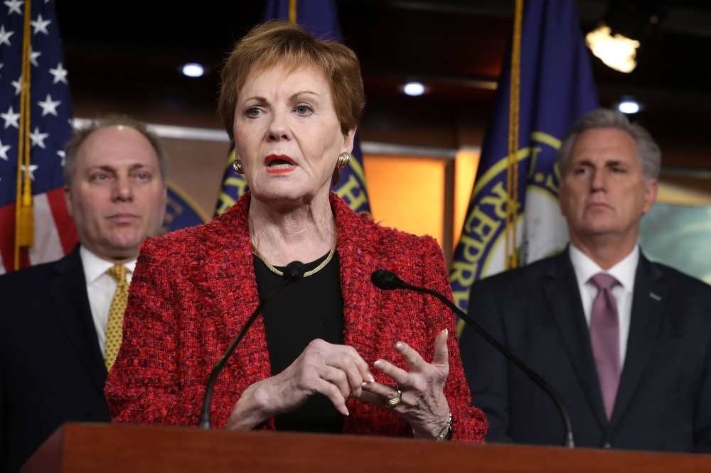 House Appropriations Committee ranking member Rep. Kay Granger (R-TX) (C) speaks during a news conference with House Minority Leader Kevin McCarthy (R-CA) (R) and Minority Whip Steve Scalise (R-LA) following a GOP caucus meeting at the US Capitol Visitors Center in Washington on Wednesday. — AFP