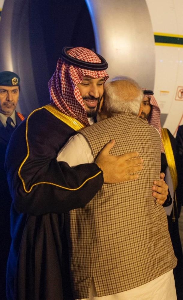 Crown Prince Muhammad Bin Salman, deputy premier and minister of defense, being received by Indian Prime Minister Narendra Modi at Air Force Station Palam airport in New Delhi on Tuesday evening. — Courtesy photo