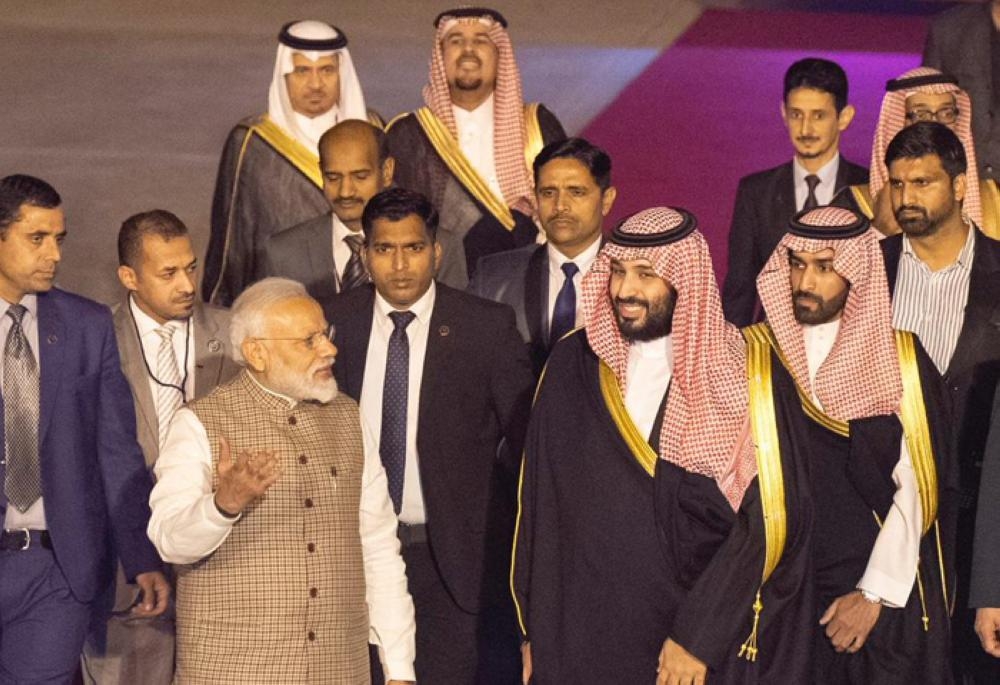 Crown Prince Muhammad Bin Salman, deputy premier and minister of defense, being received by Indian Prime Minister Narendra Modi at Air Force Station Palam airport in New Delhi on Tuesday evening. — Courtesy photo