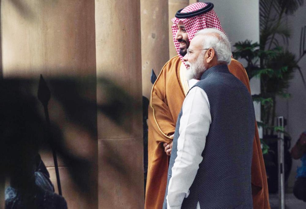 Crown Prince Muhammad Bin Salman is received by Indian Prime Minister Narendra Modi at Hyderabad House in New Delhi on Wednesday. — Photo by Bandar Al-Jaloud