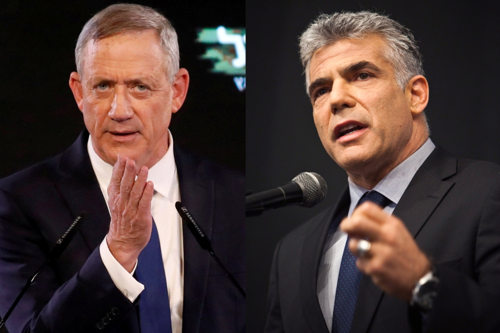 A combination of file photos shows Benny Gantz, a former Israeli armed forces chief and head of Israel Resilience party, at the party campaign launch in Tel Aviv, Israel, on Jan. 29, 2019 and Yair Lapid, head of Yesh Atid party, at the Ariel University Centre in the Jewish settlement of Ariel in the Israeli-occupied West Bank on Oct. 30, 2012. — Reuters