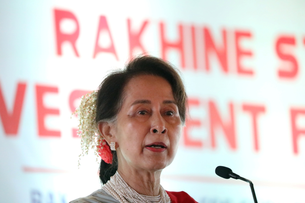 Myanmar’s State Counselor Aung San Suu Kyi delivers a speech at Rakhine State Investment Fair at Ngapali beach in Thandwe, Rakhine, Myanmar, on Friday. — Reuters