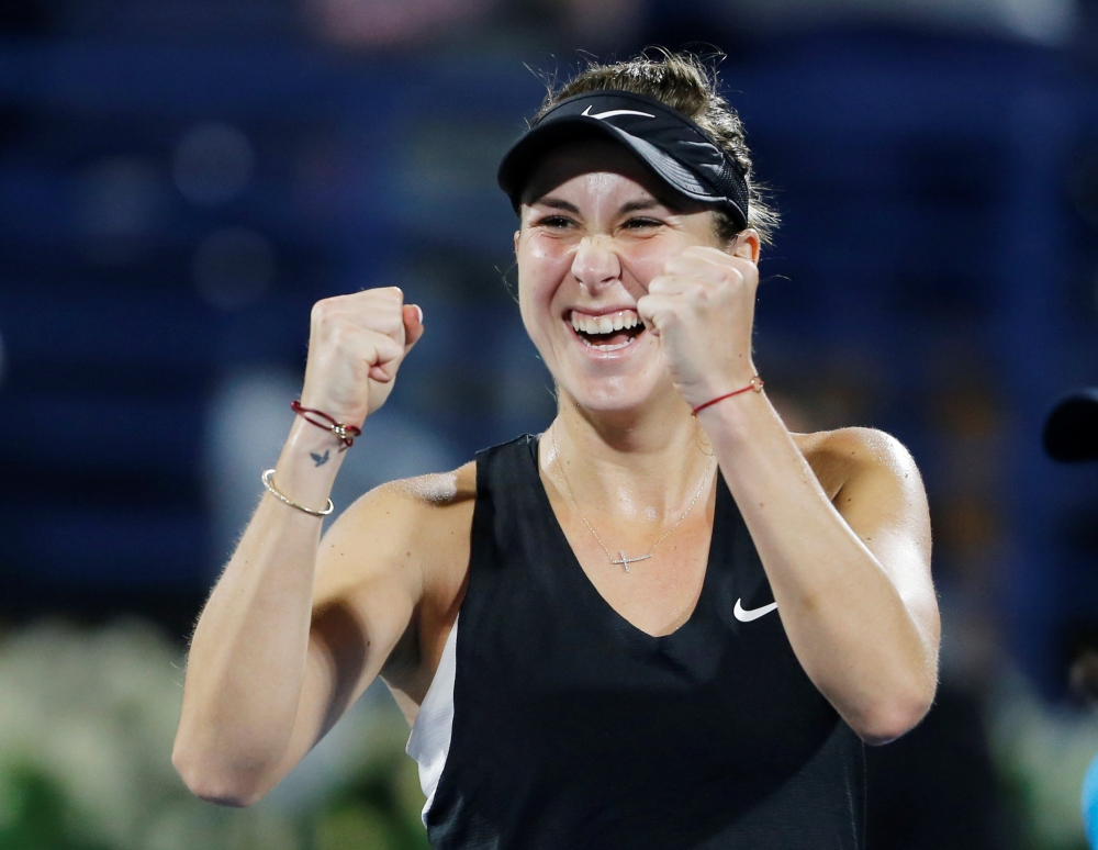 Switzerland's Belinda Bencic celebrates after winning the semifinal against Ukraine's Elina Svitolina in the Dubai Tennis Championships at the Dubai Duty Free Tennis Stadium, Dubai, UAE, — Reuters 