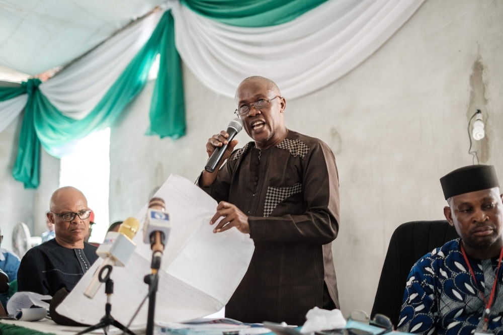 A collation officer reports the aggregattion total of votes at Rivers State collation centre in Port Harcourt, Southern Nigeria, on Monday. — AFP