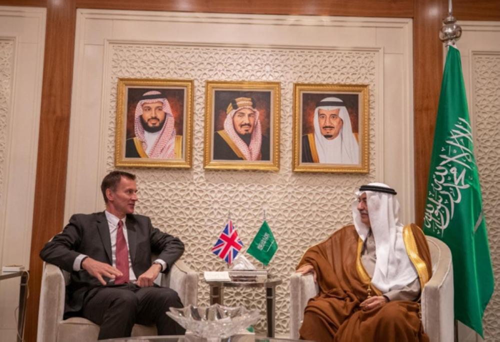 Saudi Foreign Minister Ibrahim Al-Assaf holds talks with British Foreign Secretary Jeremy Hunt in Riyadh on Saturday. — SPA